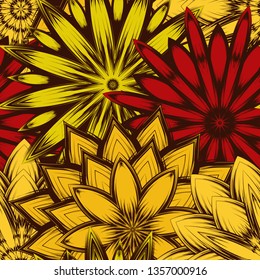 Seamless floral background. Tracery handmade nature ethnic fabric backdrop pattern with flowers. Textile design texture. Decorative color art. Vector