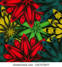Seamless floral background. Tracery handmade nature ethnic fabric backdrop pattern with flowers. Textile design texture. Decorative color art. Vector