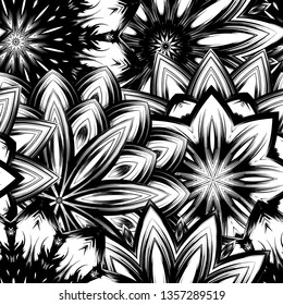 Seamless floral background. Tracery handmade nature ethnic fabric backdrop pattern with saturated dark flowers. Textile design texture. Decorative binary monochrome black and white art. Vector