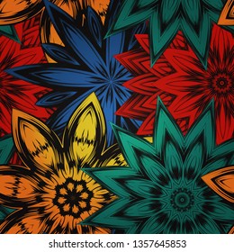 Seamless floral background. Tracery handmade nature ethnic fabric backdrop pattern with flowers. Textile design texture. Decorative color art. Vector