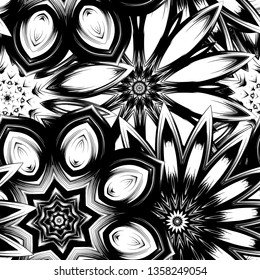 Seamless floral background. Tracery handmade nature ethnic fabric backdrop pattern with saturated dark flowers. Textile design texture. Decorative binary monochrome black and white art. Vector
