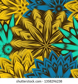 Seamless floral background. Tracery handmade nature ethnic fabric backdrop pattern with flowers. Textile design texture. Decorative color art. Vector