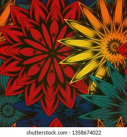 Seamless floral background. Tracery handmade nature ethnic fabric backdrop pattern with flowers. Textile design texture. Decorative color art. Vector
