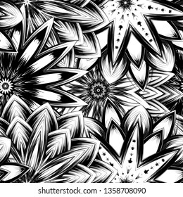 Seamless floral background. Tracery handmade nature ethnic fabric backdrop pattern with saturated dark flowers. Textile design texture. Decorative binary monochrome black and white art. Vector