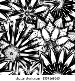 Seamless floral background. Tracery handmade nature ethnic fabric backdrop pattern with saturated dark flowers. Textile design texture. Decorative binary monochrome black and white art. Vector