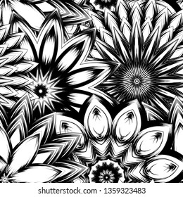 Seamless floral background. Tracery handmade nature ethnic fabric backdrop pattern with saturated dark flowers. Textile design texture. Decorative binary monochrome black and white art. Vector