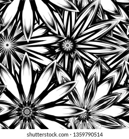 Seamless floral background. Tracery handmade nature ethnic fabric backdrop pattern with saturated dark flowers. Textile design texture. Decorative binary monochrome black and white art. Vector