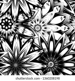 Seamless floral background. Tracery handmade nature ethnic fabric backdrop pattern with saturated dark flowers. Textile design texture. Decorative binary monochrome black and white art. Vector