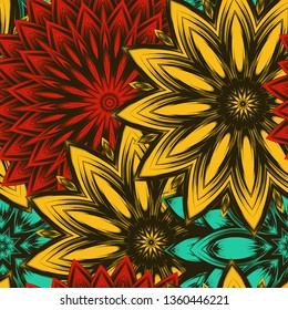 Seamless floral background. Tracery handmade nature ethnic fabric backdrop pattern with flowers. Textile design texture. Decorative color art. Vector