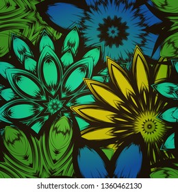 Seamless floral background. Tracery handmade nature ethnic fabric backdrop pattern with flowers. Textile design texture. Decorative color art. Vector
