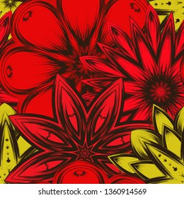 Seamless floral background. Tracery handmade nature ethnic fabric backdrop pattern with flowers. Textile design texture. Decorative color art. Vector