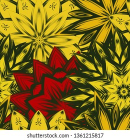 Seamless floral background. Tracery handmade nature ethnic fabric backdrop pattern with flowers. Textile design texture. Decorative color art. Vector
