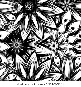 Seamless floral background. Tracery handmade nature ethnic fabric backdrop pattern with saturated dark flowers. Textile design texture. Decorative binary monochrome black and white art. Vector