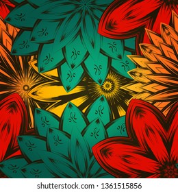 Seamless floral background. Tracery handmade nature ethnic fabric backdrop pattern with flowers. Textile design texture. Decorative color art. Vector