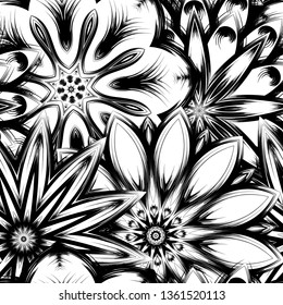 Seamless floral background. Tracery handmade nature ethnic fabric backdrop pattern with saturated dark flowers. Textile design texture. Decorative binary monochrome black and white art. Vector