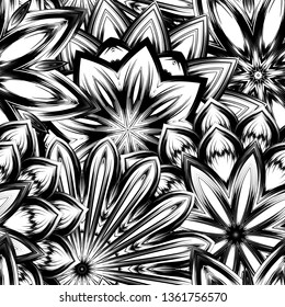 Seamless floral background. Tracery handmade nature ethnic fabric backdrop pattern with saturated dark flowers. Textile design texture. Decorative binary monochrome black and white art. Vector