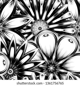 Seamless floral background. Tracery handmade nature ethnic fabric backdrop pattern with saturated dark flowers. Textile design texture. Decorative binary monochrome black and white art. Vector