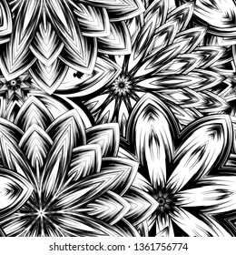 Seamless floral background. Tracery handmade nature ethnic fabric backdrop pattern with saturated dark flowers. Textile design texture. Decorative binary monochrome black and white art. Vector