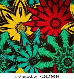 Seamless floral background. Tracery handmade nature ethnic fabric backdrop pattern with flowers. Textile design texture. Decorative color art. Vector