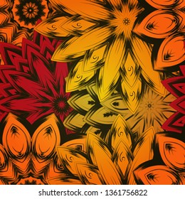 Seamless floral background. Tracery handmade nature ethnic fabric backdrop pattern with flowers. Textile design texture. Decorative color art. Vector