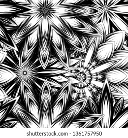 Seamless floral background. Tracery handmade nature ethnic fabric backdrop pattern with saturated dark flowers. Textile design texture. Decorative binary monochrome black and white art. Vector