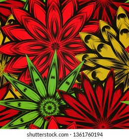 Seamless floral background. Tracery handmade nature ethnic fabric backdrop pattern with flowers. Textile design texture. Decorative color art. Vector