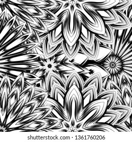 Seamless floral background. Tracery handmade nature ethnic fabric backdrop pattern with saturated dark flowers. Textile design texture. Decorative binary monochrome black and white art. Vector