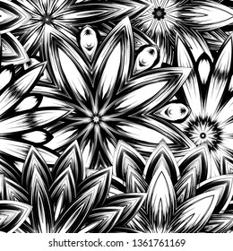 Seamless floral background. Tracery handmade nature ethnic fabric backdrop pattern with saturated dark flowers. Textile design texture. Decorative binary monochrome black and white art. Vector