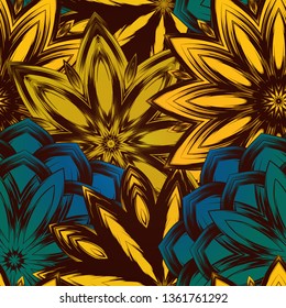Seamless floral background. Tracery handmade nature ethnic fabric backdrop pattern with flowers. Textile design texture. Decorative color art. Vector