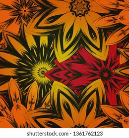 Seamless floral background. Tracery handmade nature ethnic fabric backdrop pattern with flowers. Textile design texture. Decorative color art. Vector