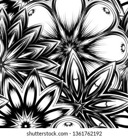 Seamless floral background. Tracery handmade nature ethnic fabric backdrop pattern with saturated dark flowers. Textile design texture. Decorative binary monochrome black and white art. Vector