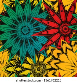 Seamless floral background. Tracery handmade nature ethnic fabric backdrop pattern with flowers. Textile design texture. Decorative color art. Vector