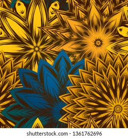 Seamless floral background. Tracery handmade nature ethnic fabric backdrop pattern with flowers. Textile design texture. Decorative color art. Vector