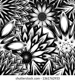 Seamless floral background. Tracery handmade nature ethnic fabric backdrop pattern with saturated dark flowers. Textile design texture. Decorative binary monochrome black and white art. Vector