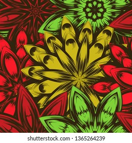 Seamless floral background. Tracery handmade nature ethnic fabric backdrop pattern with flowers. Textile design texture. Decorative color art. Vector