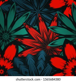 Seamless floral background. Tracery handmade nature ethnic fabric backdrop pattern with flowers. Textile design texture. Decorative color art. Vector