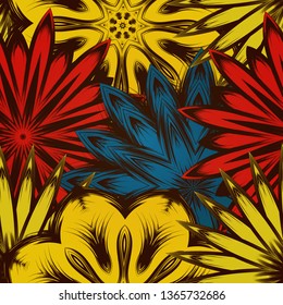 Seamless floral background. Tracery handmade nature ethnic fabric backdrop pattern with flowers. Textile design texture. Decorative color art. Vector