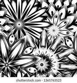 Seamless floral background. Tracery handmade nature ethnic fabric backdrop pattern with saturated dark flowers. Textile design texture. Decorative binary monochrome black and white art. Vector