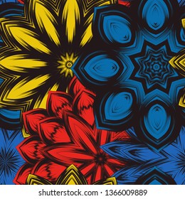 Seamless floral background. Tracery handmade nature ethnic fabric backdrop pattern with flowers. Textile design texture. Decorative color art. Vector