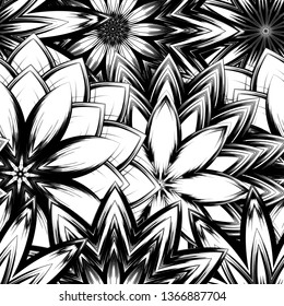 Seamless floral background. Tracery handmade nature ethnic fabric backdrop pattern with saturated dark flowers. Textile design texture. Decorative binary monochrome black and white art. Vector
