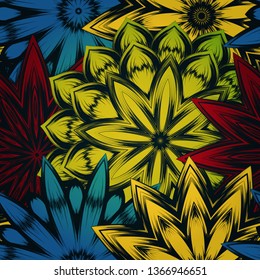 Seamless floral background. Tracery handmade nature ethnic fabric backdrop pattern with flowers. Textile design texture. Decorative color art. Vector