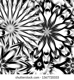 Seamless floral background. Tracery handmade nature ethnic fabric backdrop pattern with saturated dark flowers. Textile design texture. Decorative binary monochrome black and white art. Vector