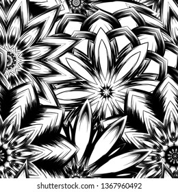 Seamless floral background. Tracery handmade nature ethnic fabric backdrop pattern with saturated dark flowers. Textile design texture. Decorative binary monochrome black and white art. Vector