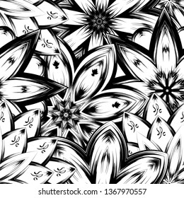 Seamless floral background. Tracery handmade nature ethnic fabric backdrop pattern with saturated dark flowers. Textile design texture. Decorative binary monochrome black and white art. Vector