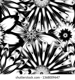 Seamless floral background. Tracery handmade nature ethnic fabric backdrop pattern with saturated dark flowers. Textile design texture. Decorative binary monochrome black and white art. Vector