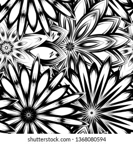 Seamless floral background. Tracery handmade nature ethnic fabric backdrop pattern with saturated dark flowers. Textile design texture. Decorative binary monochrome black and white art. Vector