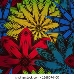 Seamless floral background. Tracery handmade nature ethnic fabric backdrop pattern with flowers. Textile design texture. Decorative color art. Vector