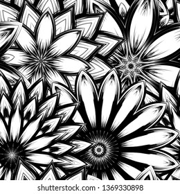Seamless floral background. Tracery handmade nature ethnic fabric backdrop pattern with saturated dark flowers. Textile design texture. Decorative binary monochrome black and white art. Vector