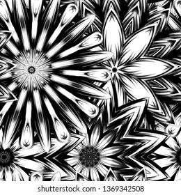 Seamless floral background. Tracery handmade nature ethnic fabric backdrop pattern with saturated dark flowers. Textile design texture. Decorative binary monochrome black and white art. Vector
