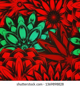 Seamless floral background. Tracery handmade nature ethnic fabric backdrop pattern with flowers. Textile design texture. Decorative color art. Vector